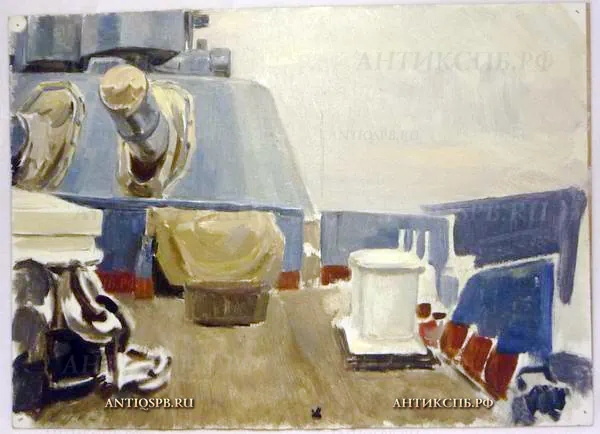 96. Этюд "Орудийная башня". Картон, масло. Художник: Бантиков А.С. СССР. Сер. XX века.